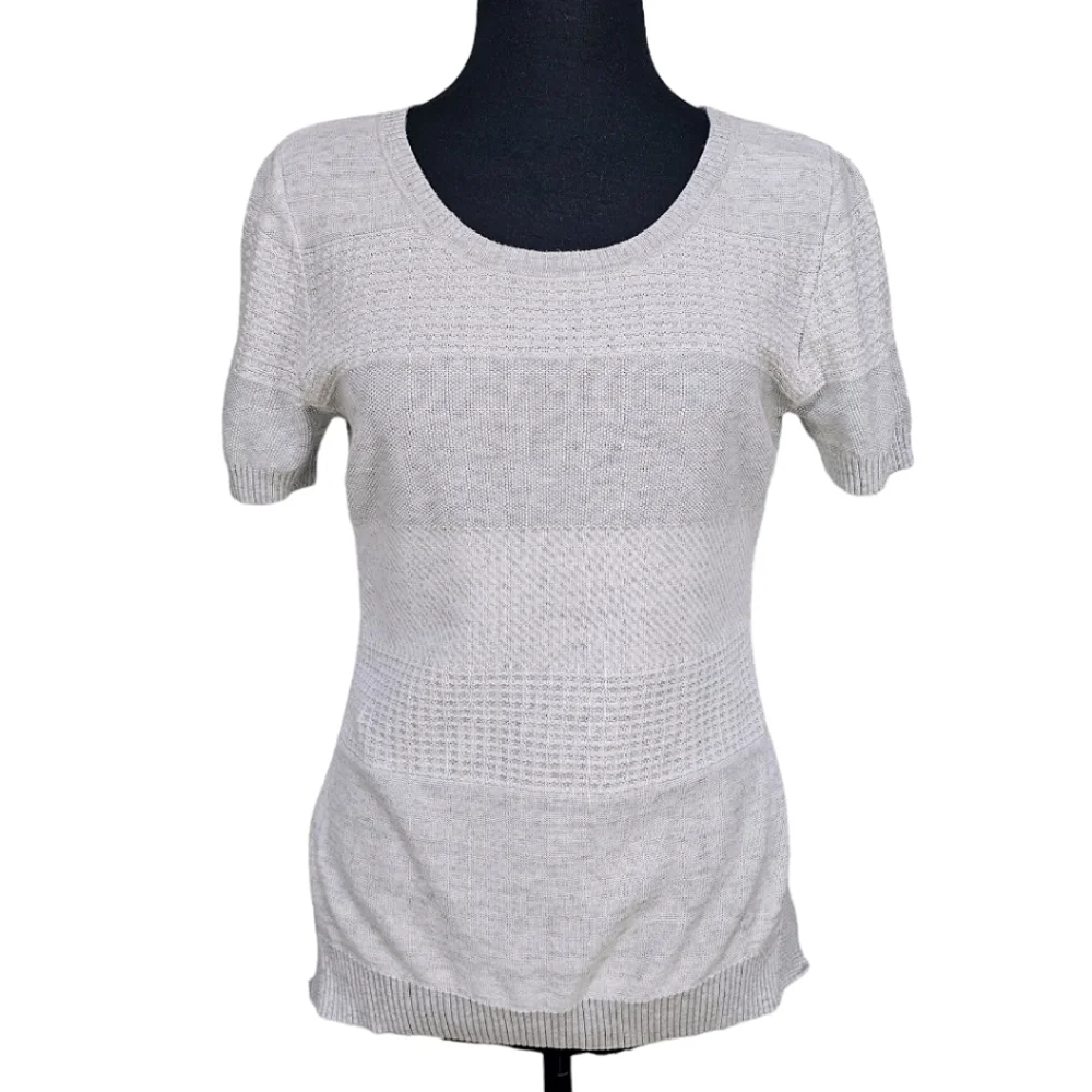 OST Cotton Pointelle Knit Gray White Short Sleeve Split Hem Light Boho Sweater